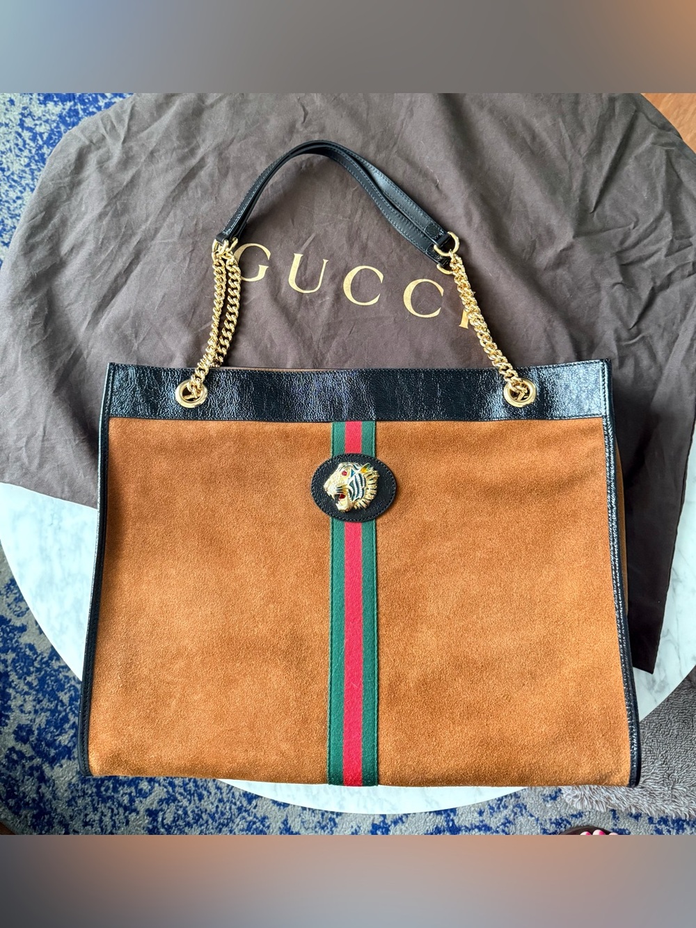 Gucci Rajah Tote in Brown Suede & Black Leather with Red-Green Web Stripe